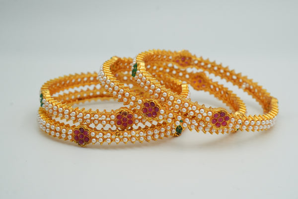 Elegant Floral Bangles Embellished with White Pearls & Pink Stones - Victorian Jaipur