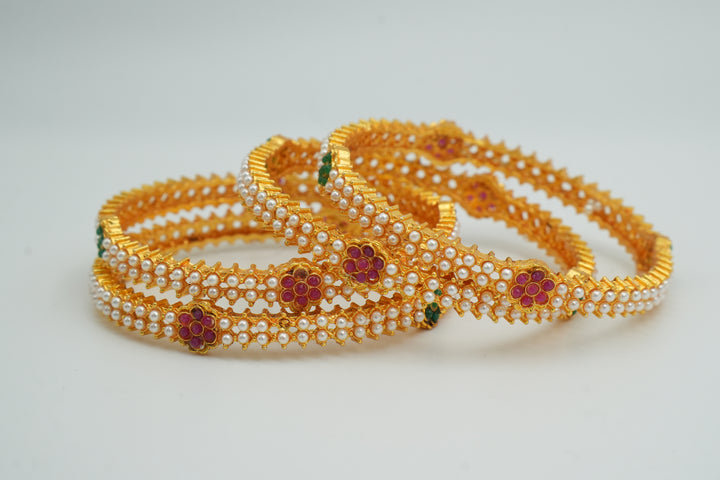 Elegant Floral Bangles Embellished with White Pearls & Pink Stones - Victorian Jaipur