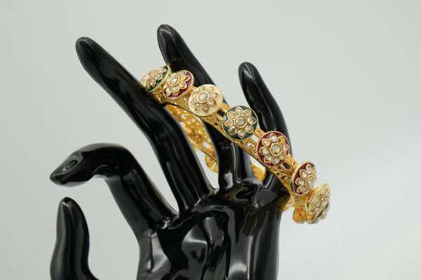 Traditional Gold-Plated Bangles with Floral Kundan Design in Red & Green Accents - Victorian Jaipur