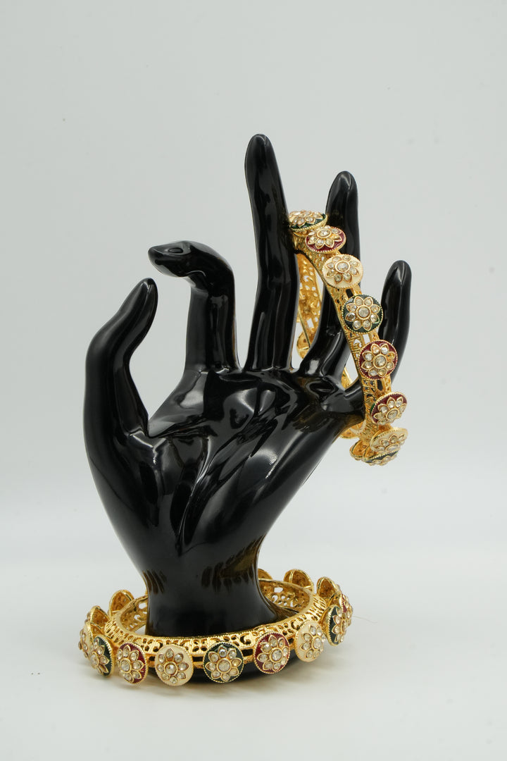 Traditional Gold-Plated Bangles with Floral Kundan Design in Red & Green Accents - Victorian Jaipur