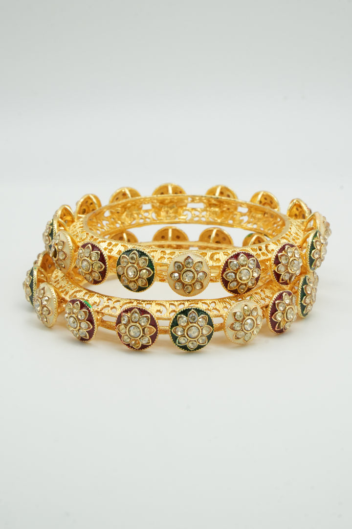 Traditional Gold-Plated Bangles with Floral Kundan Design in Red & Green Accents - Victorian Jaipur