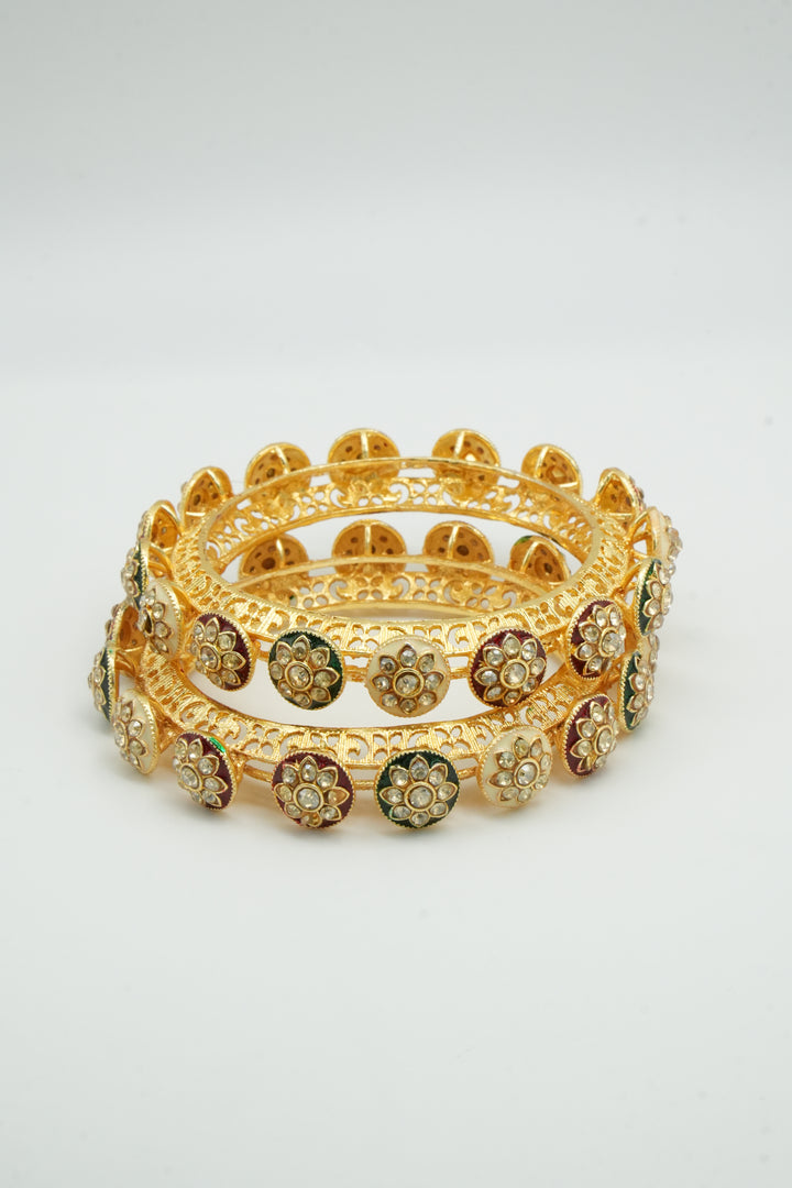 Traditional Gold-Plated Bangles with Floral Kundan Design in Red & Green Accents - Victorian Jaipur
