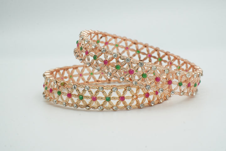 Elegant Gold-Plated Bangles with Pink, Green & White Stone Floral Design - Victorian Jaipur