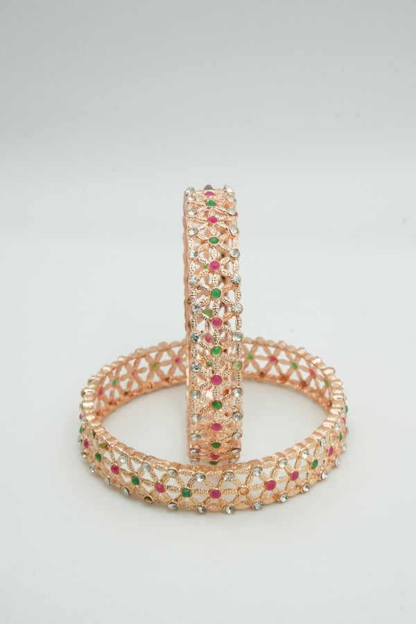 Elegant Gold-Plated Bangles with Pink, Green & White Stone Floral Design - Victorian Jaipur