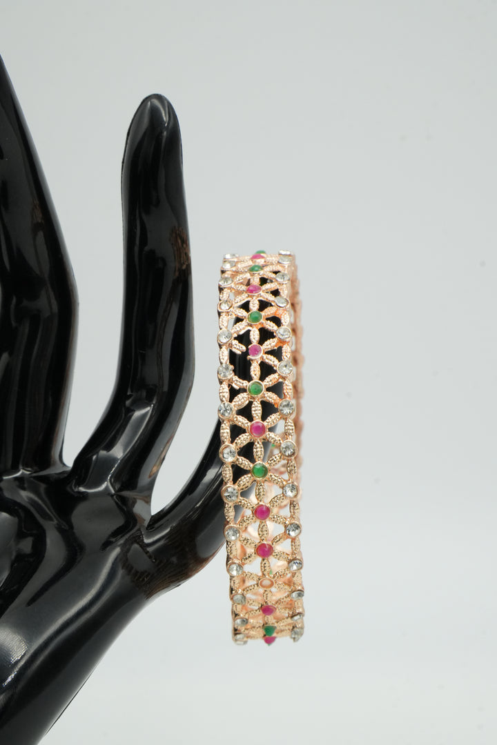 Elegant Gold-Plated Bangles with Pink, Green & White Stone Floral Design - Victorian Jaipur