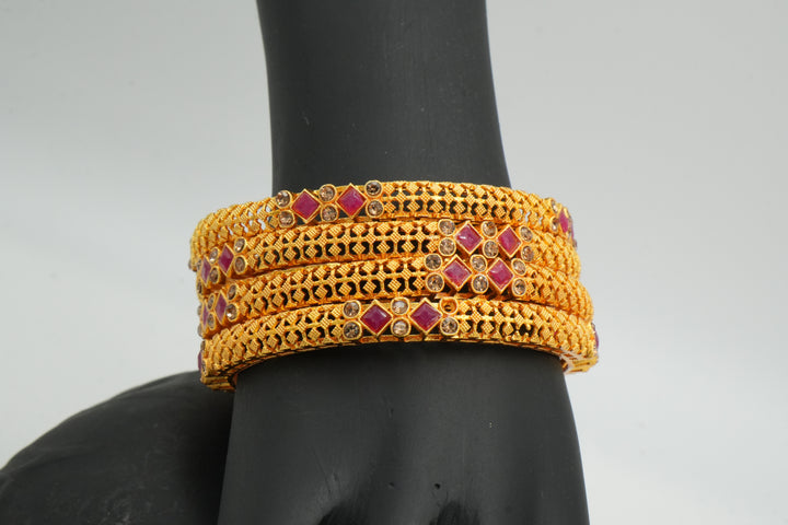 Stylish Gold Bangle Adorned with Pink Gemstones - Victorian Jaipur
