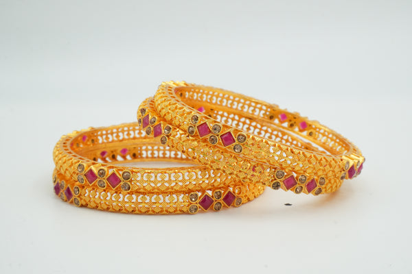 Stylish Gold Bangle Adorned with Pink Gemstones - Victorian Jaipur