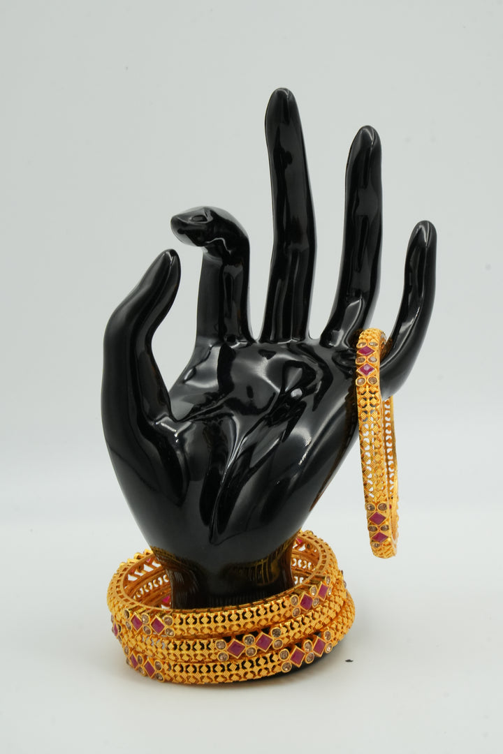 Stylish Gold Bangle Adorned with Pink Gemstones - Victorian Jaipur