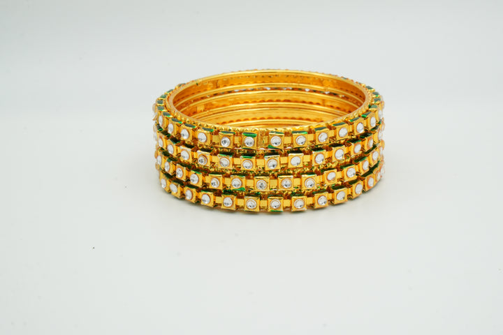 Stylish Gold Bangle Adorned with Pink & Green Gemstones - Victorian Jaipur