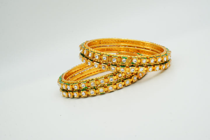 Stylish Gold Bangle Adorned with Pink & Green Gemstones - Victorian Jaipur