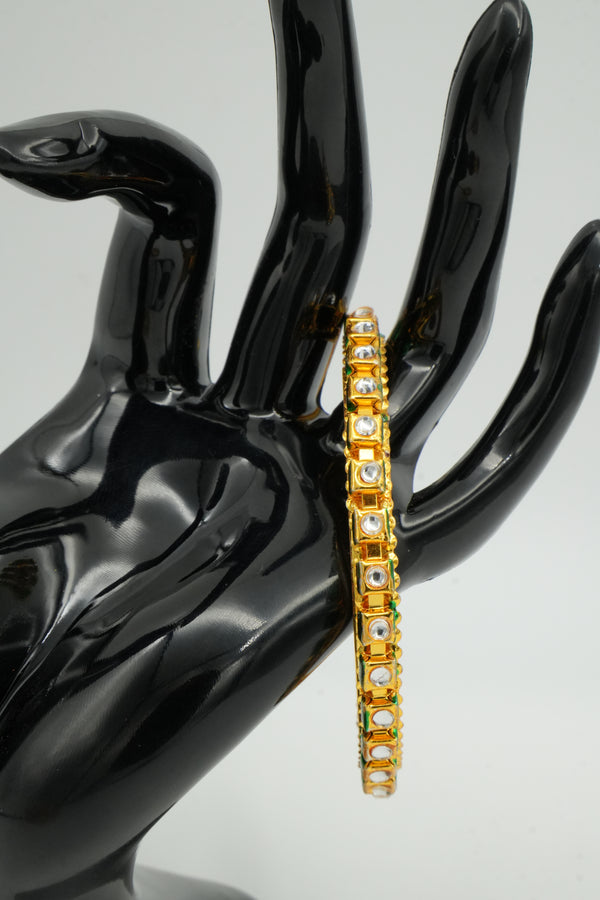 Stylish Gold Bangle Adorned with Pink & Green Gemstones - Victorian Jaipur