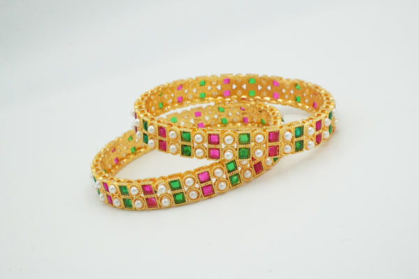 Stylish Gold Bangle Adorned with Pink & Green Gemstones - Victorian Jaipur