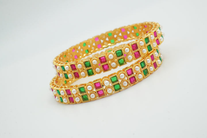 Stylish Gold Bangle Adorned with Pink & Green Gemstones - Victorian Jaipur