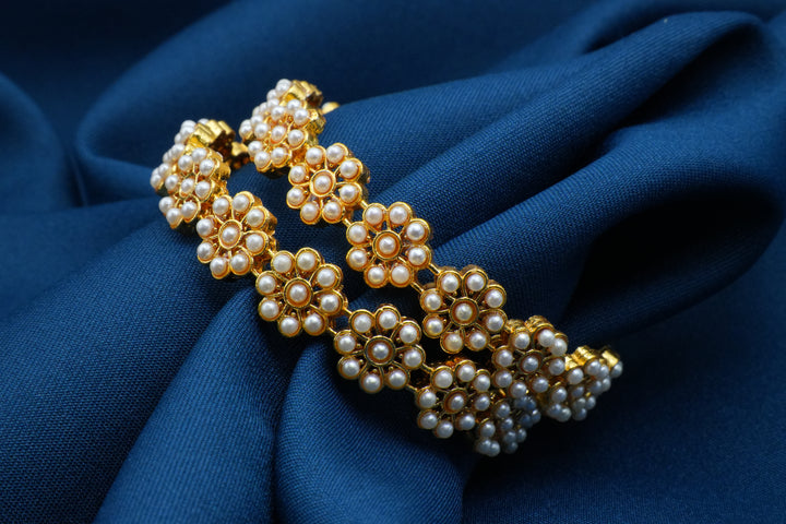 Golden Bangles with White Pearl Floral Design - Victorian Jaipur