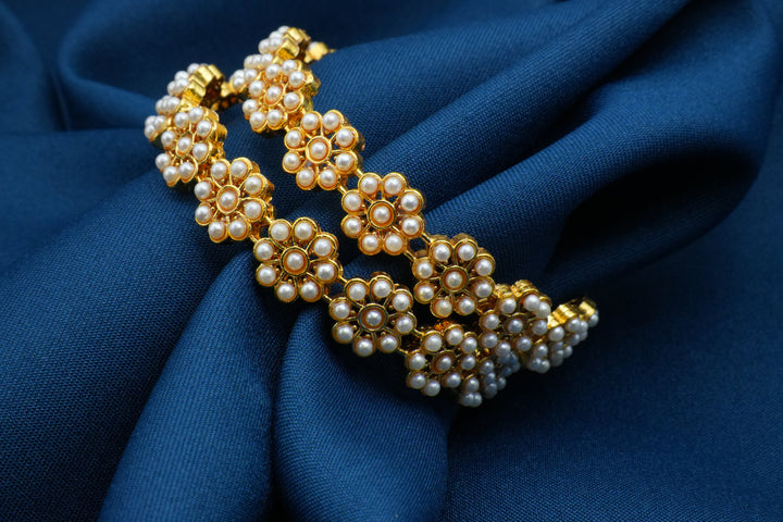 Golden Bangles with White Pearl Floral Design - Victorian Jaipur