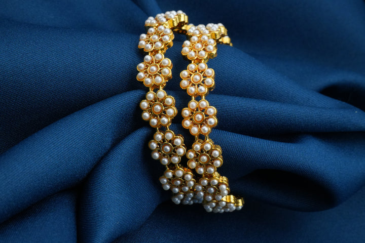 Golden Bangles with White Pearl Floral Design - Victorian Jaipur