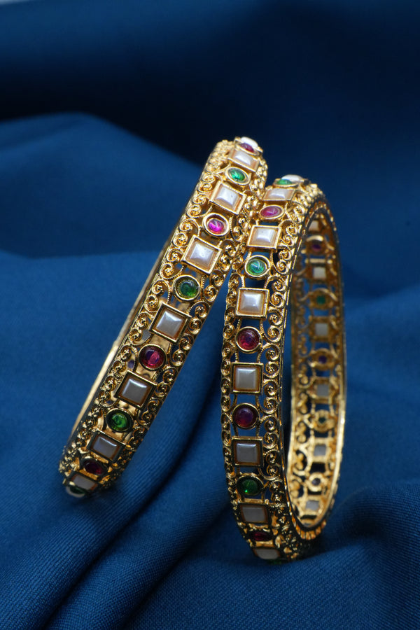 Multicolor Bead & White Square stone Golden Bangle - Victorian Jaipur