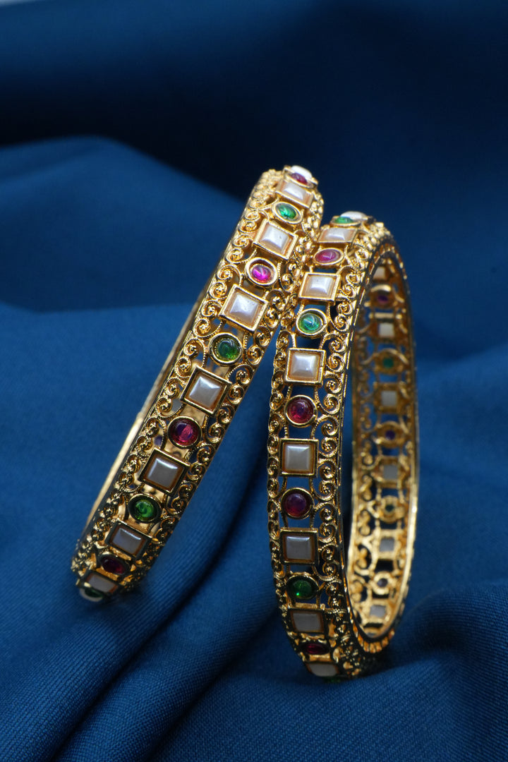 Multicolor Bead & White Square stone Golden Bangle - Victorian Jaipur