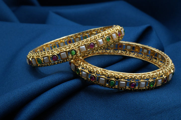 Multicolor Bead & White Square stone Golden Bangle - Victorian Jaipur
