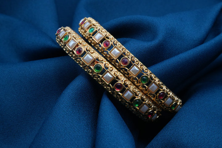 Multicolor Bead & White Square stone Golden Bangle - Victorian Jaipur