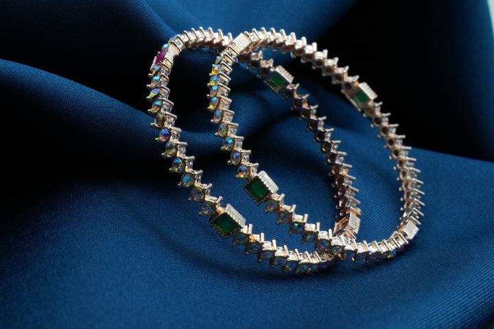 Elegant Bangles with White Beads and Pink & Green Square Stones - Victorian Jaipur