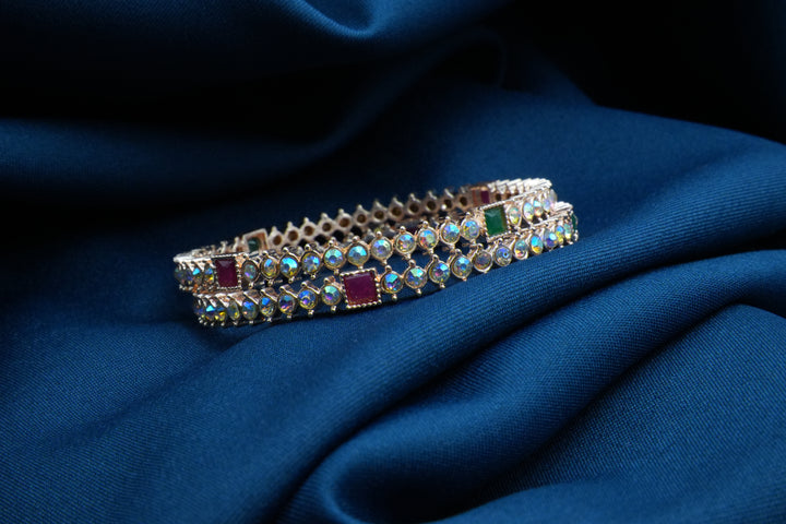Elegant Bangles with White Beads and Pink & Green Square Stones - Victorian Jaipur