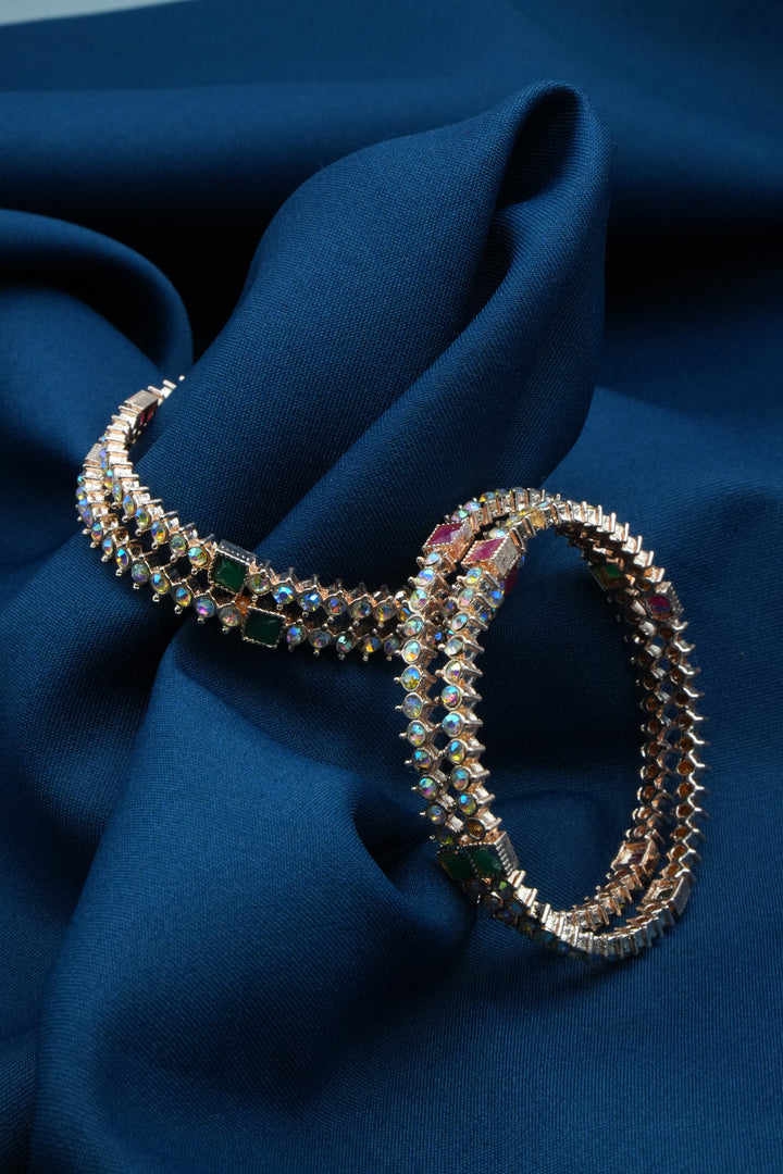 Elegant Bangles with White Beads and Pink & Green Square Stones - Victorian Jaipur