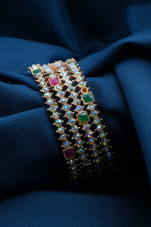 Elegant Bangles with White Beads and Pink & Green Square Stones - Victorian Jaipur