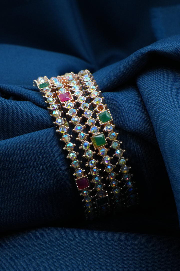 Elegant Bangles with White Beads and Pink & Green Square Stones - Victorian Jaipur