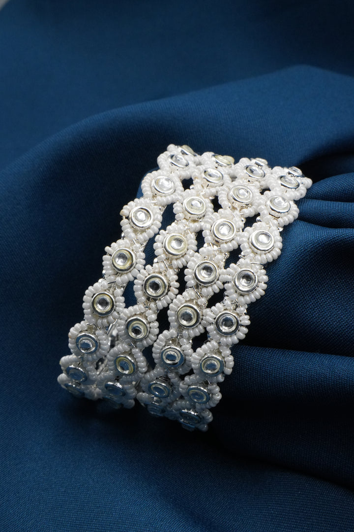 Handcrafted Floral Bangles with White Stone & Beaded Accents - Victorian Jaipur