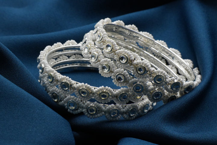 Handcrafted Floral Bangles with White Stone & Beaded Accents - Victorian Jaipur