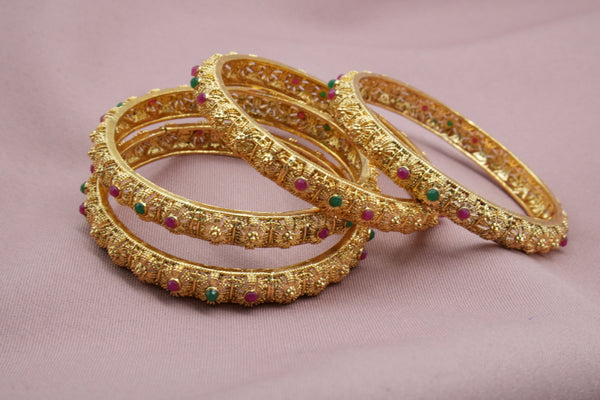 Elegant Gold-Plated Bangles Adorned with Pink & Green Accents - Victorian Jaipur