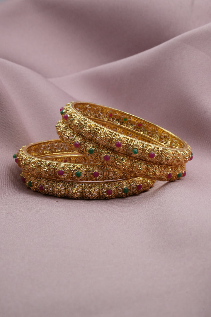 Elegant Gold-Plated Bangles Adorned with Pink & Green Accents - Victorian Jaipur