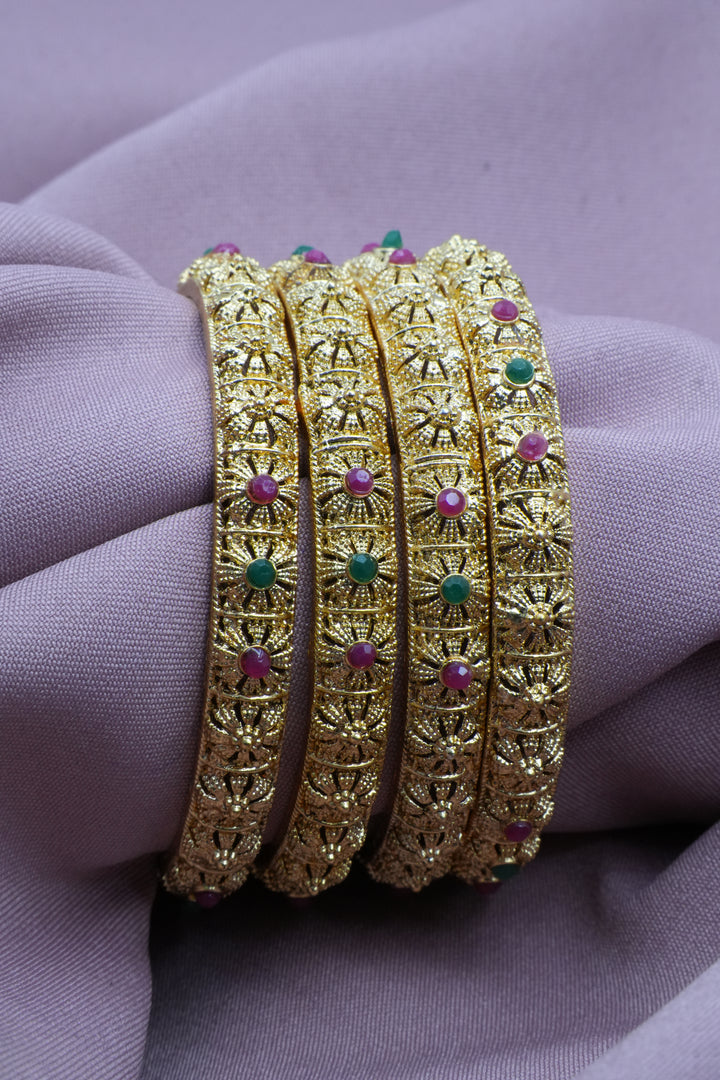 Elegant Gold-Plated Bangles Adorned with Pink & Green Accents - Victorian Jaipur