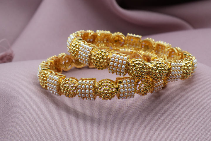 Handcrafted Bangles with White Accents on Golden Base - Victorian Jaipur