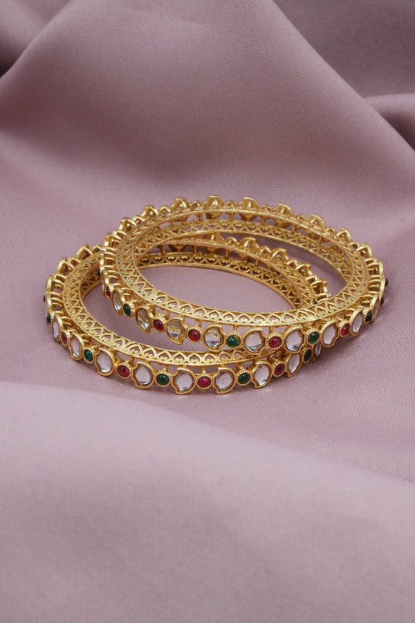 Traditional Deepak Design Golden Bangles with Multicolor Accents - Victorian Jaipur