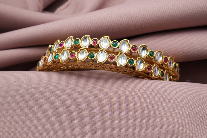 Traditional Deepak Design Golden Bangles with Multicolor Accents - Victorian Jaipur