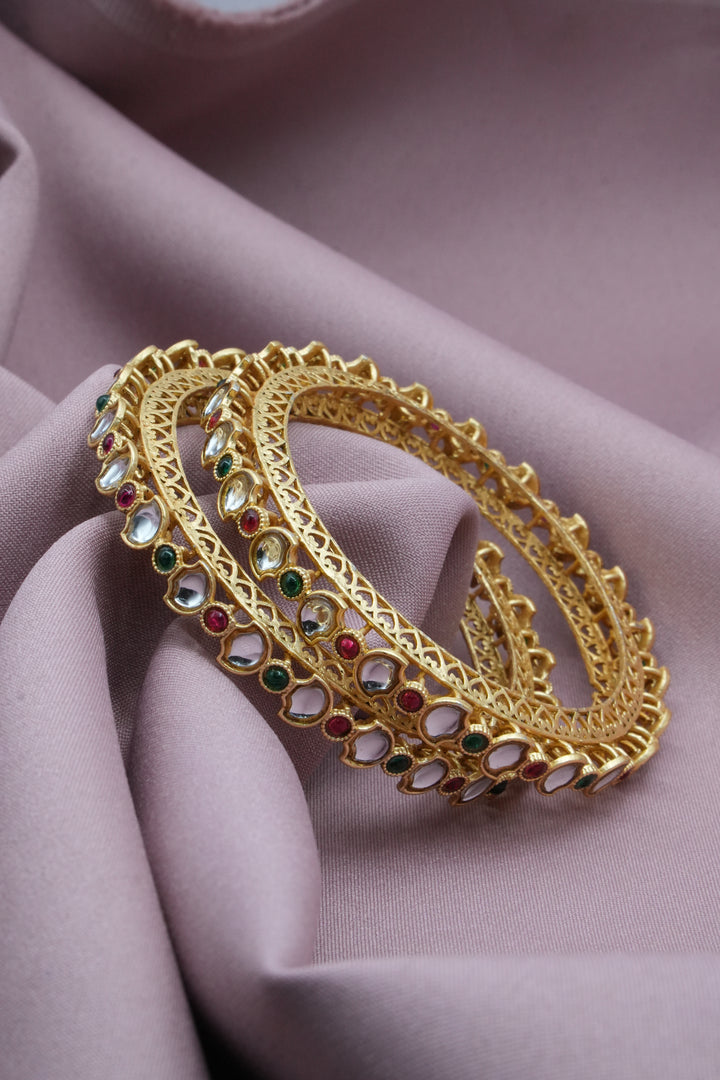 Traditional Deepak Design Golden Bangles with Multicolor Accents - Victorian Jaipur