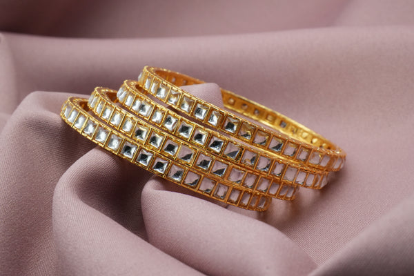 Traditional Golden Bangles with White Stone Square Design - Victorian Jaipur