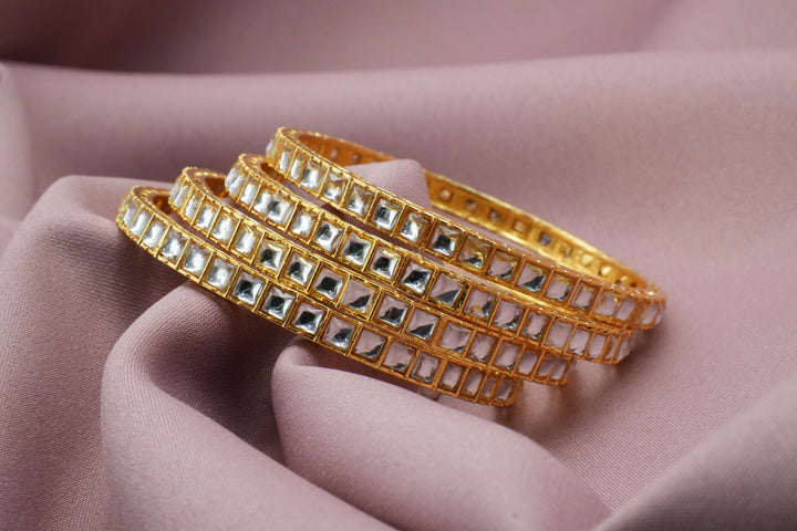 Traditional Golden Bangles with White Stone Square Design - Victorian Jaipur