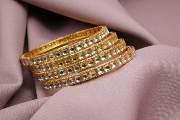 Traditional Golden Bangles with White Stone Square Design - Victorian Jaipur