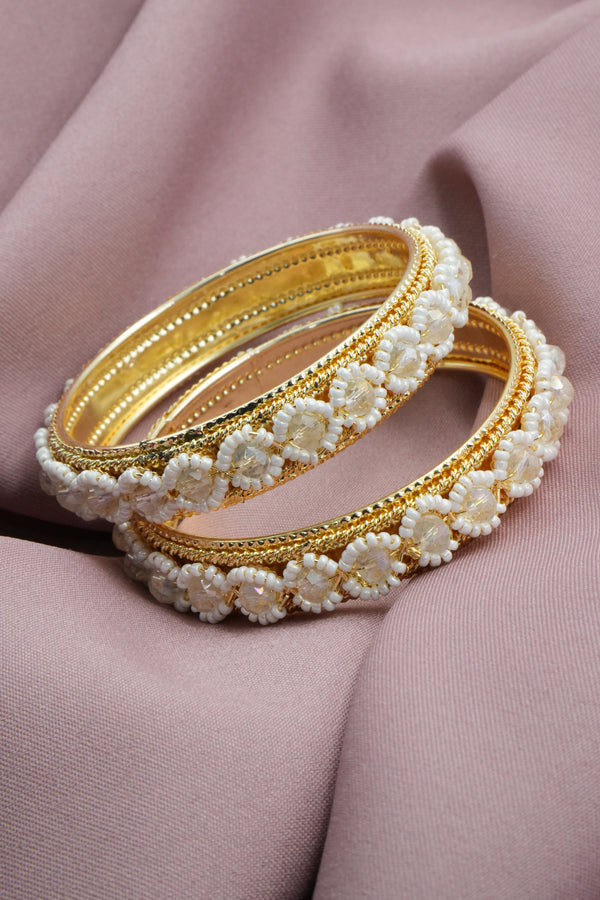 Elegant Bangles with White Stone Center and Small Bead Flowers - Victorian Jaipur