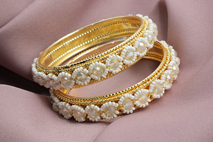 Elegant Bangles with White Stone Center and Small Bead Flowers - Victorian Jaipur
