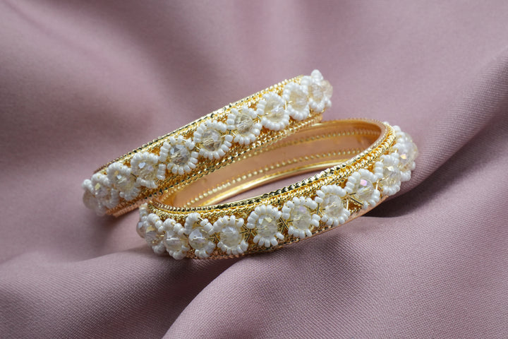 Elegant Bangles with White Stone Center and Small Bead Flowers - Victorian Jaipur