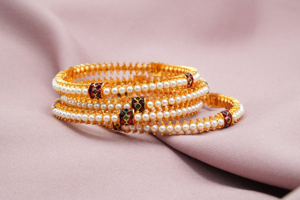 Handcrafted Antique Gold Bangles with White Pearl - Victorian Jaipur