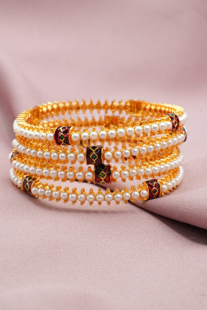 Handcrafted Antique Gold Bangles with White Pearl - Victorian Jaipur