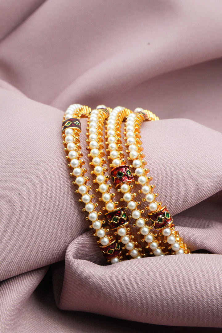 Handcrafted Antique Gold Bangles with White Pearl - Victorian Jaipur