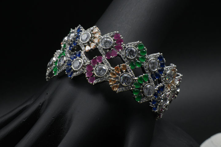 Luxury Silver-Plated Bangles with Colorful Stone Detailing - Victorian Jaipur