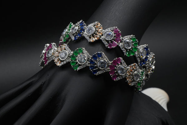 Luxury Silver-Plated Bangles with Colorful Stone Detailing - Victorian Jaipur