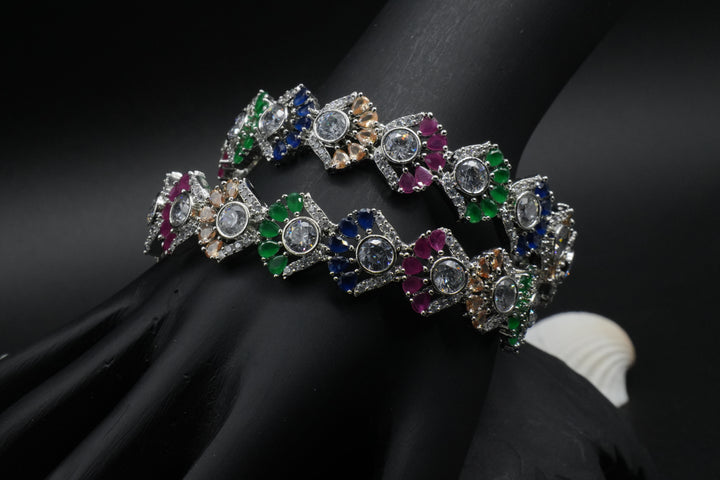 Luxury Silver-Plated Bangles with Colorful Stone Detailing - Victorian Jaipur